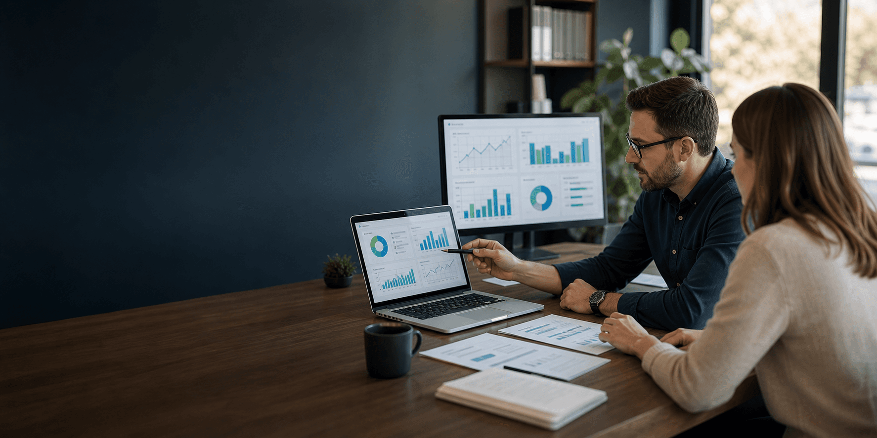 Colleagues discussing analytics on a laptop dashboard