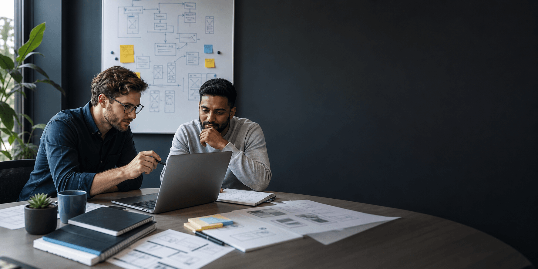 Two people reviewing work together at a laptop
